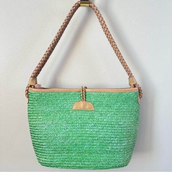 VTG Donna Dixon Kelly Green Braided Handle Raffia Woven Shoulder Bag Purse - Picture 4 of 15